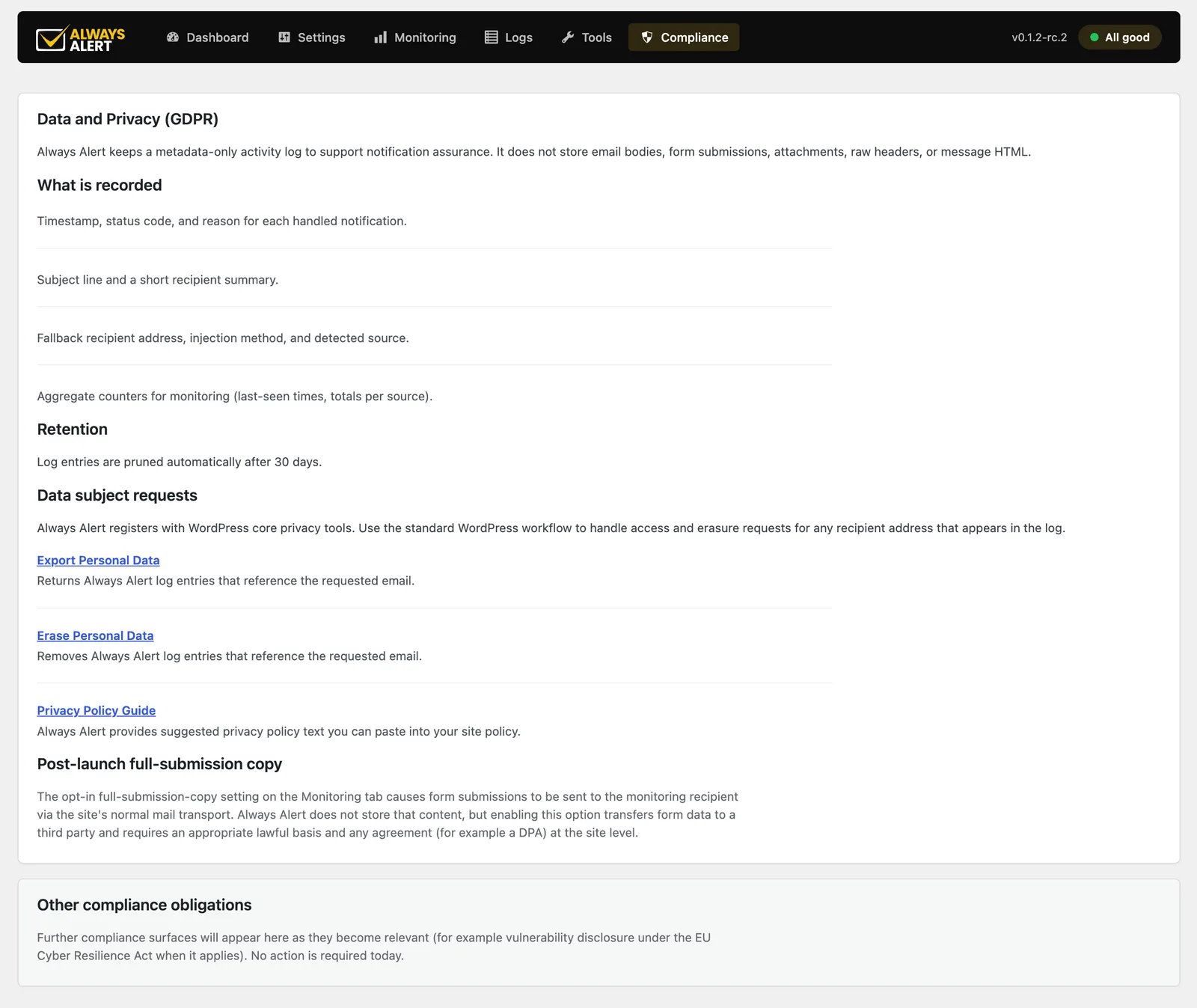 Always Alert compliance panel — GDPR data handling, retention and data subject request tools